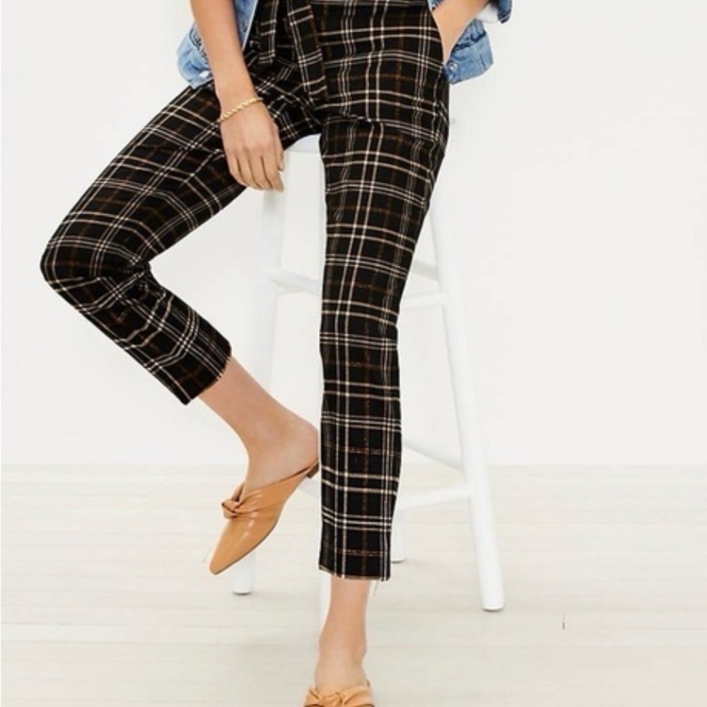 LOFT Plaid Cropped Slim Pants in Black and Tan